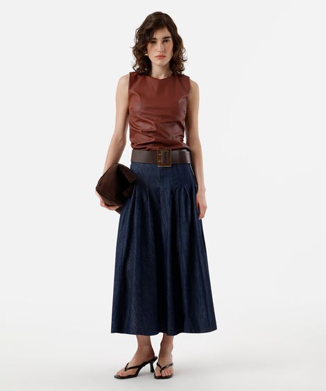 saia midi feminina jeans com pregas azul