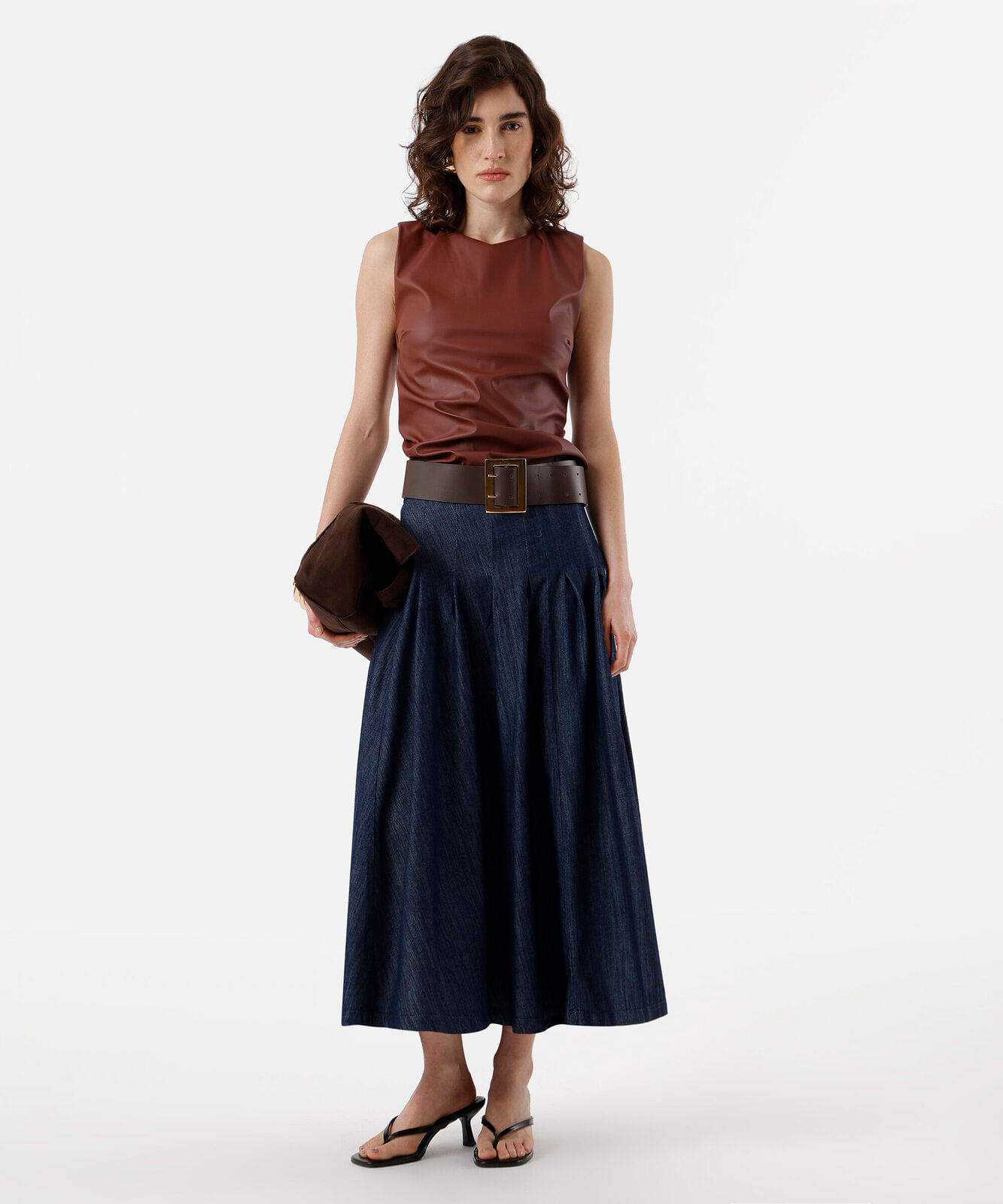 saia midi feminina jeans com pregas azul