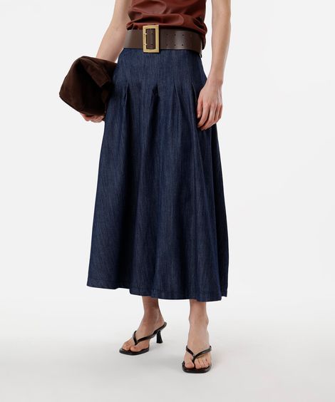 saia midi feminina jeans com pregas azul