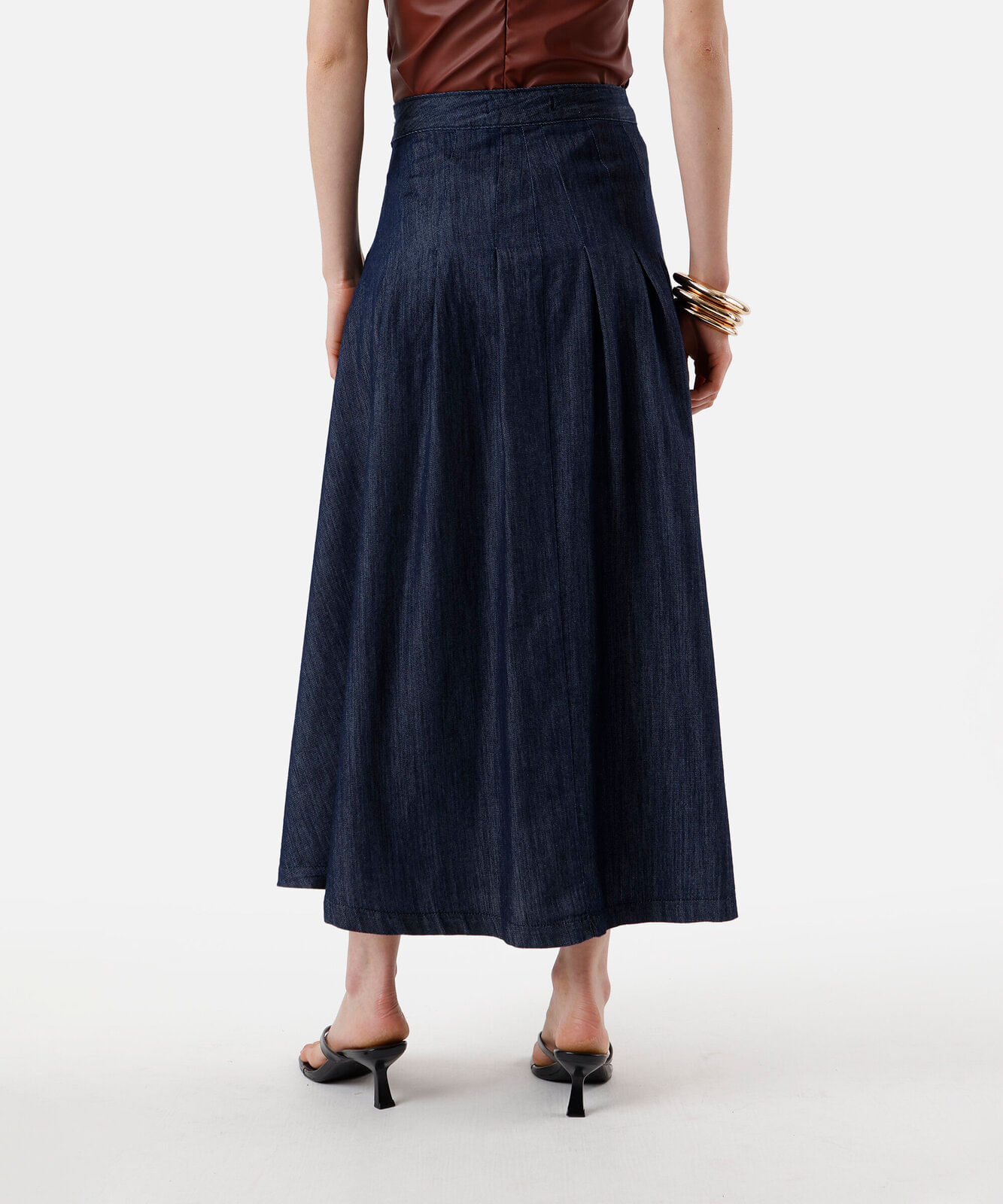 saia midi feminina jeans com pregas azul