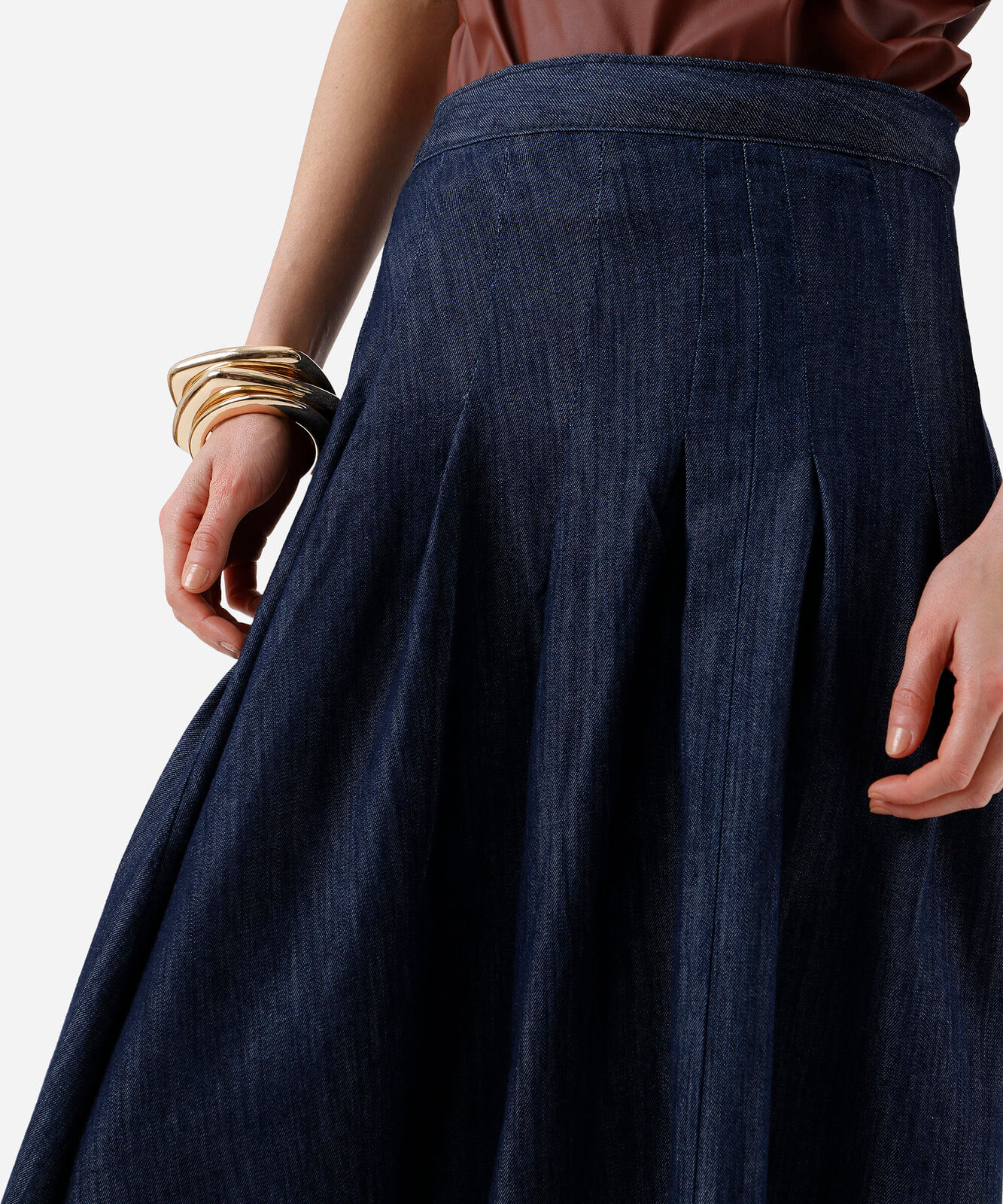 saia midi feminina jeans com pregas azul