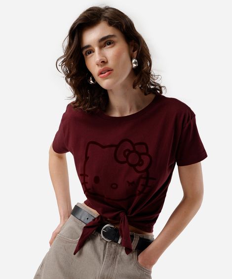 camiseta feminina de algodão hello kitty com amarração vinho