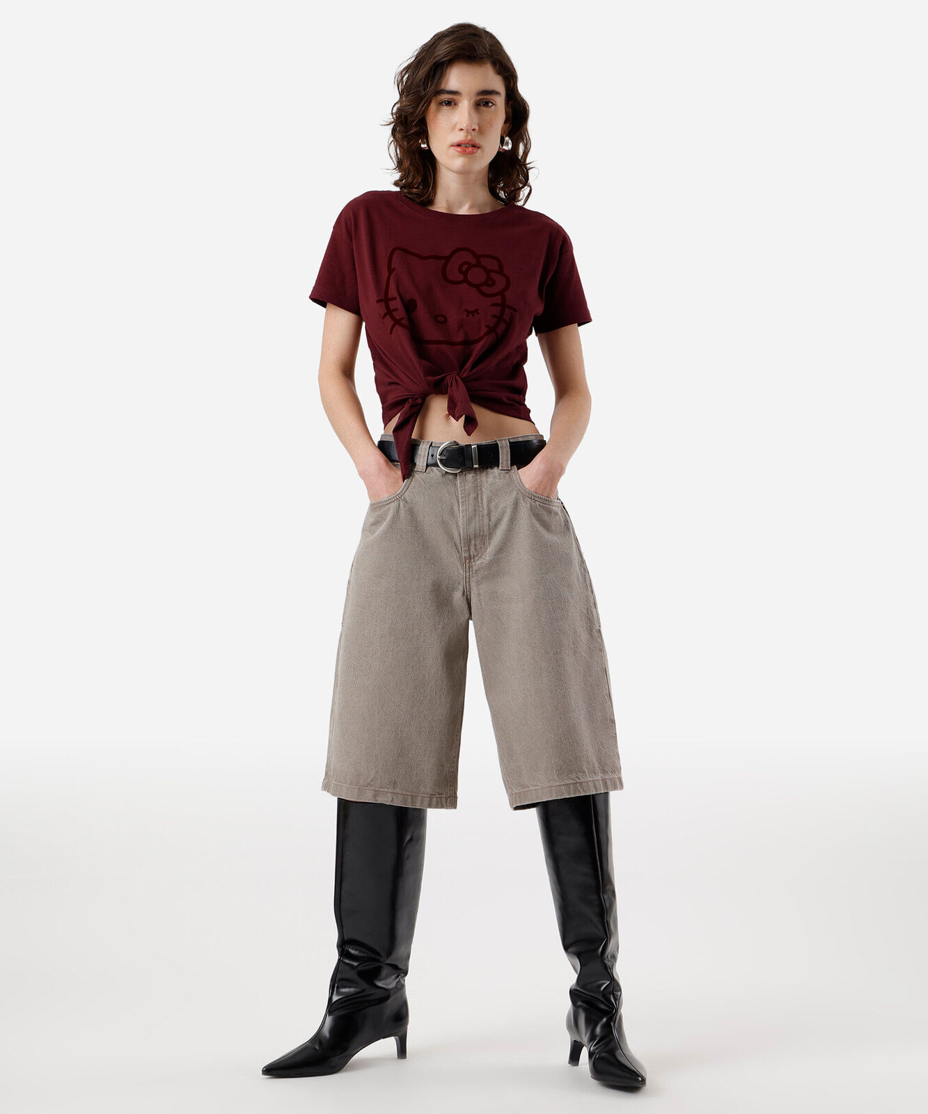 camiseta feminina de algodão hello kitty com amarração vinho
