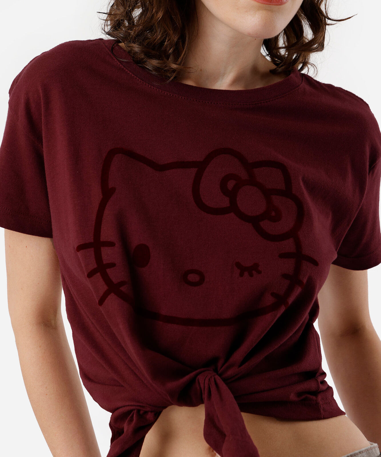 camiseta feminina de algodão hello kitty com amarração vinho