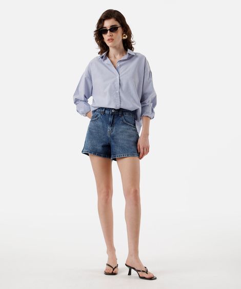 short feminino jeans cintura alta azul