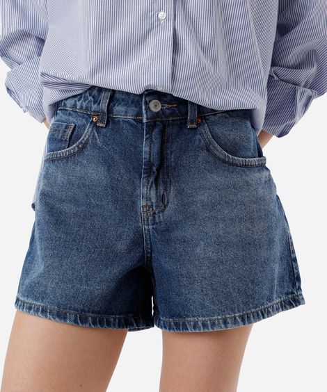 short feminino jeans cintura alta azul