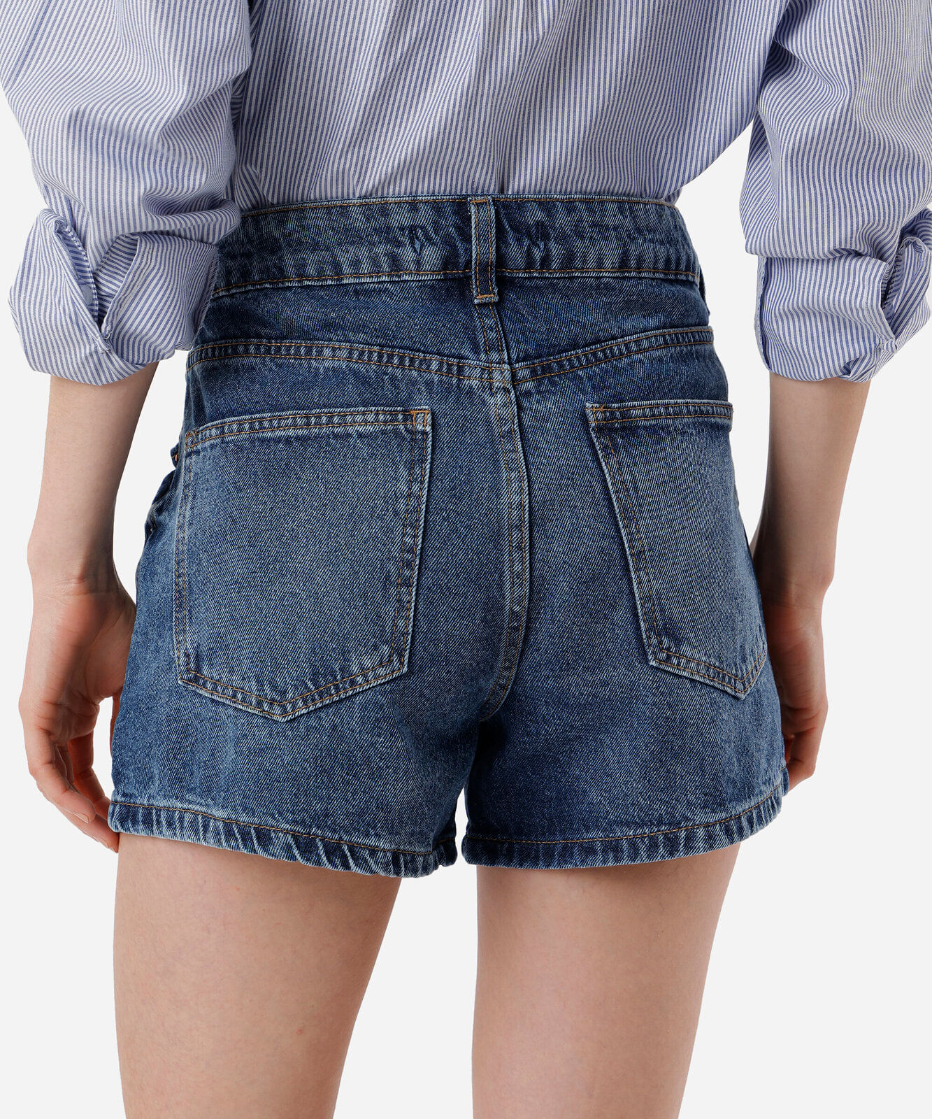 short feminino jeans cintura alta azul