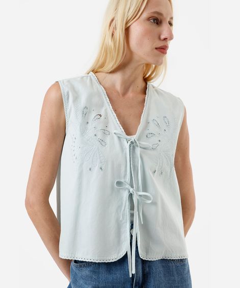 colete feminino de algodão bordado com amarração azul