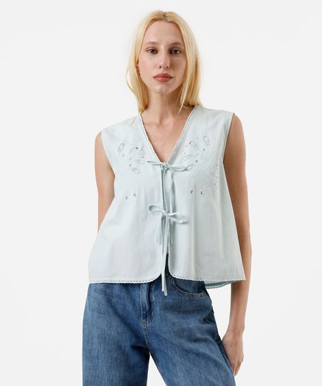 colete feminino de algodão bordado com amarração azul