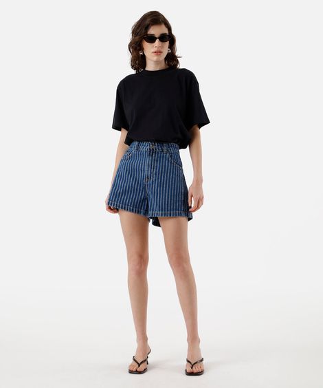 short feminino jeans cintura média listrado azul