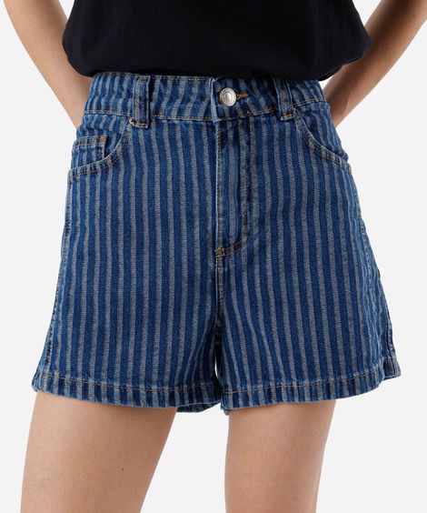 short feminino jeans cintura média listrado azul