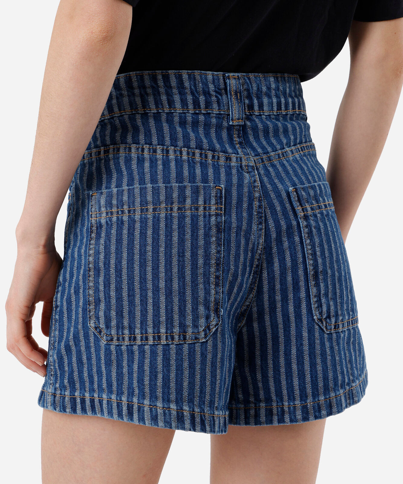 short feminino jeans cintura média listrado azul