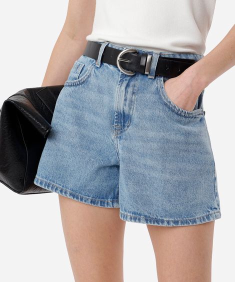 short jeans feminino cintura alta azul