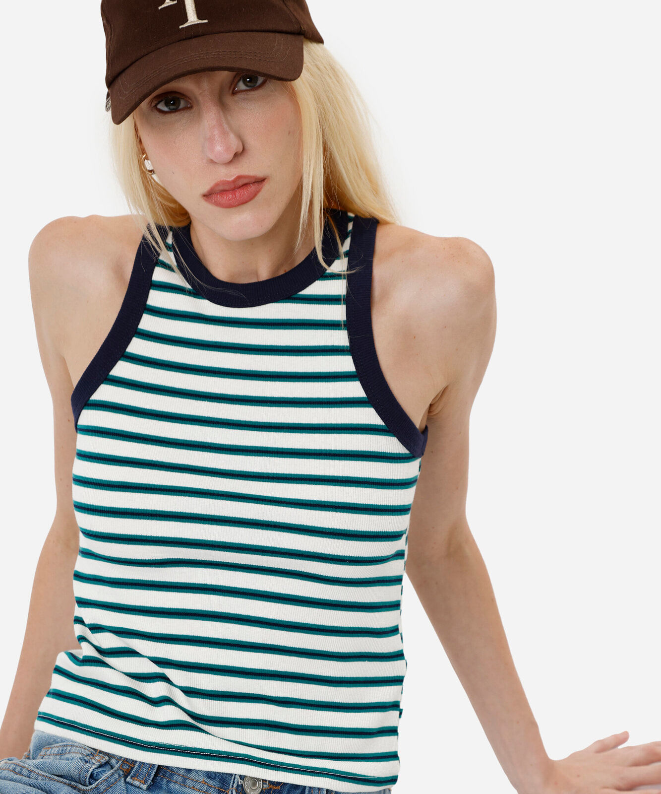 regata feminina halterneck listrada canelada colorida