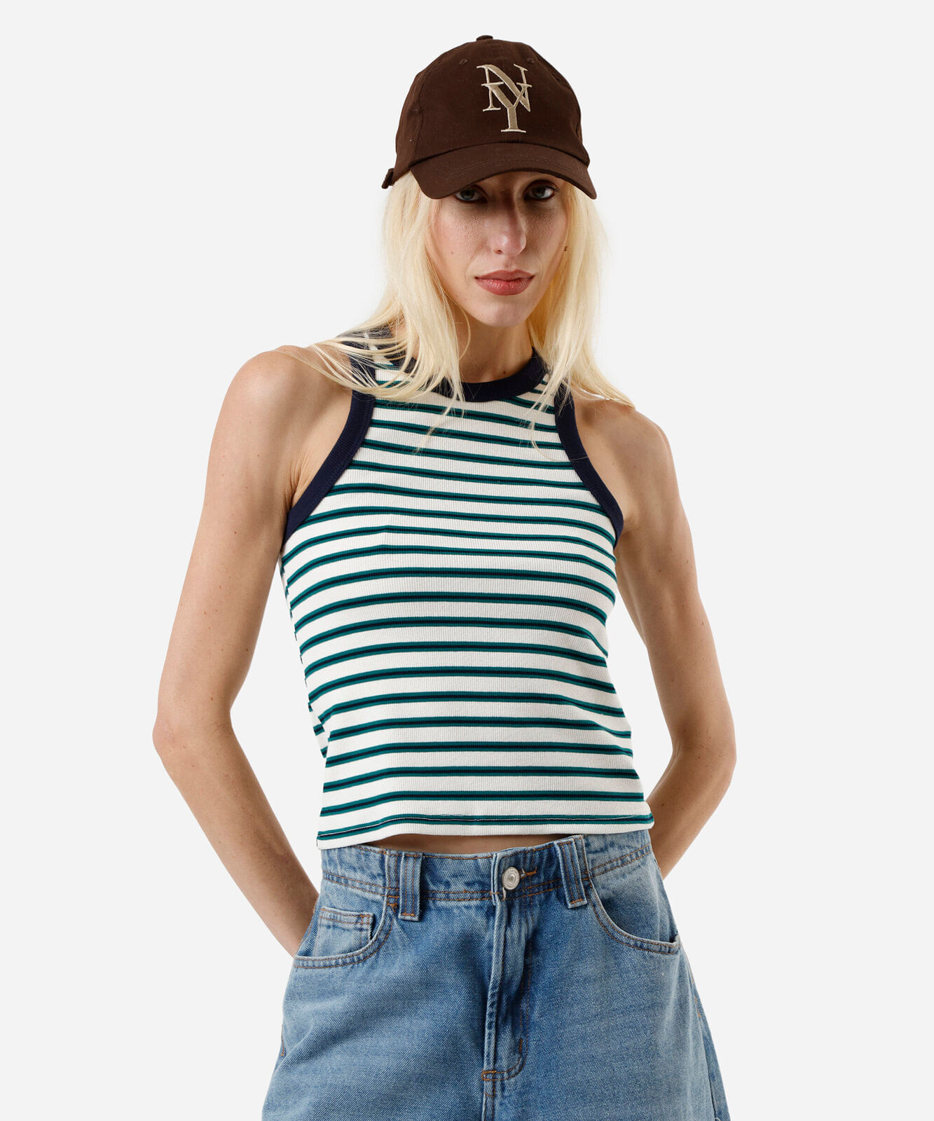 regata feminina halterneck listrada canelada colorida