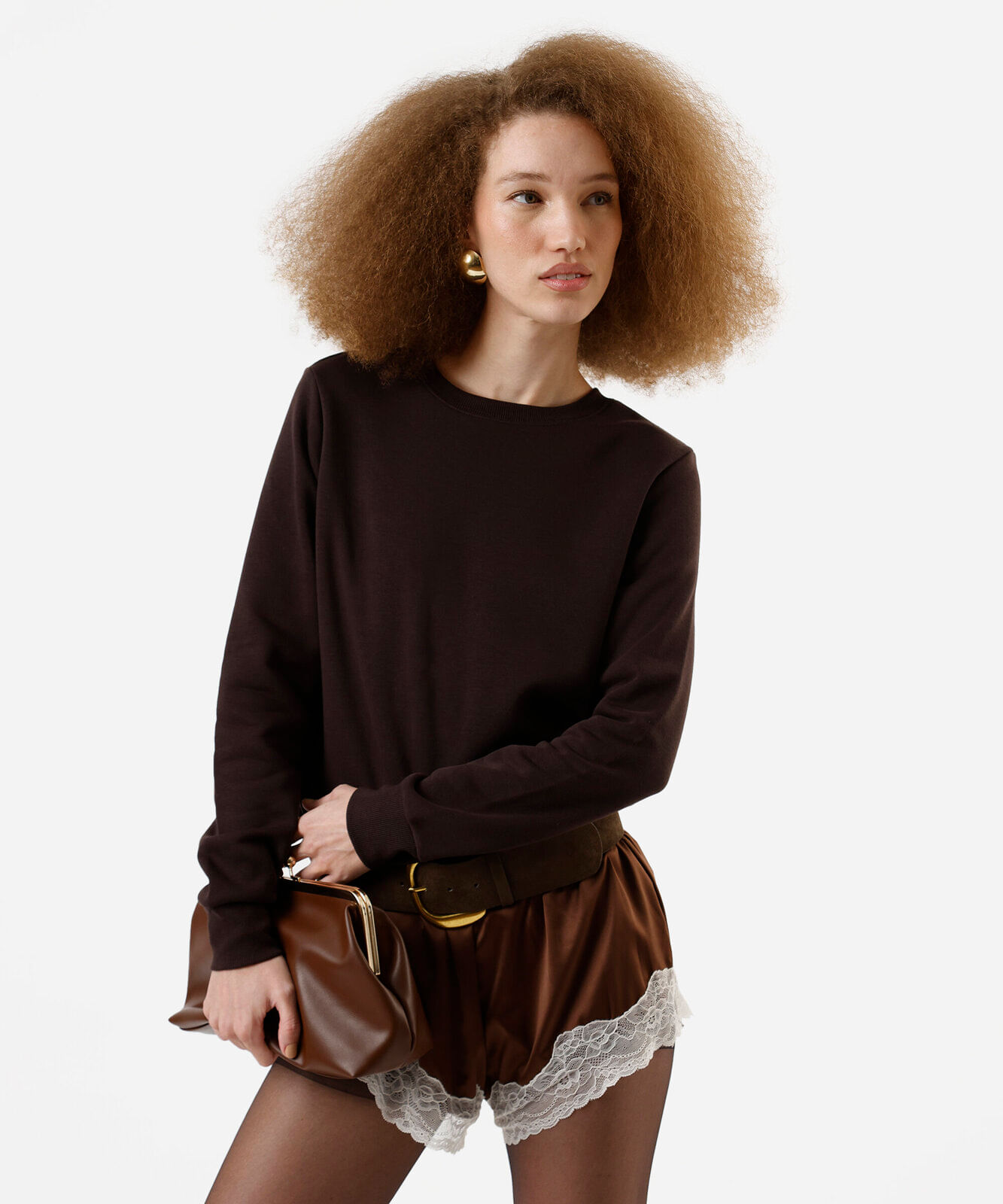 blusa básica feminina de moletom manga longa marrom