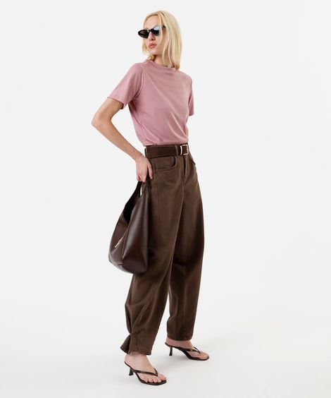 calça baggy feminina de sarja com barra ajustável marrom