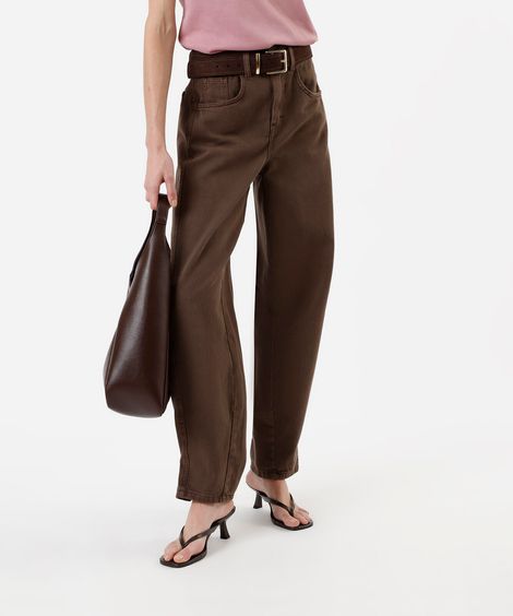 calça baggy feminina de sarja com barra ajustável marrom