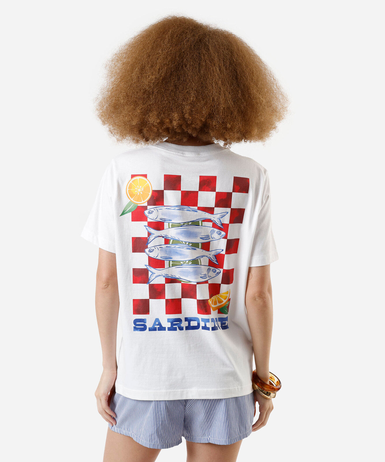 camiseta feminina de algodão sardinhas  off white