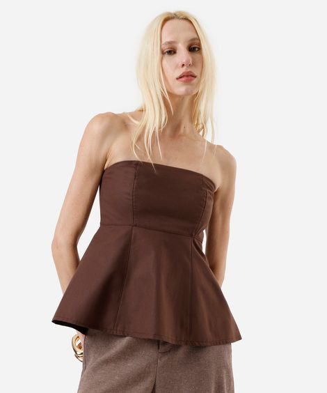blusa peplum sem alça feminina de algodão marrom