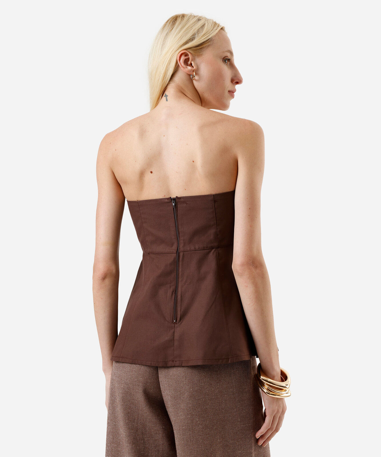 blusa peplum sem alça feminina de algodão marrom