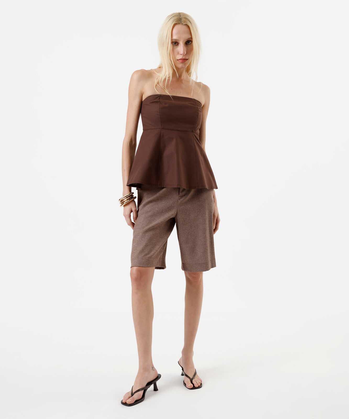 blusa peplum sem alça feminina de algodão marrom