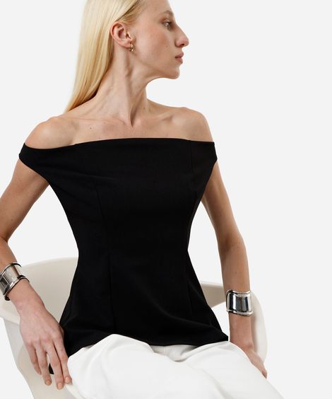 blusa peplum feminina ombro a ombro com recortes preta