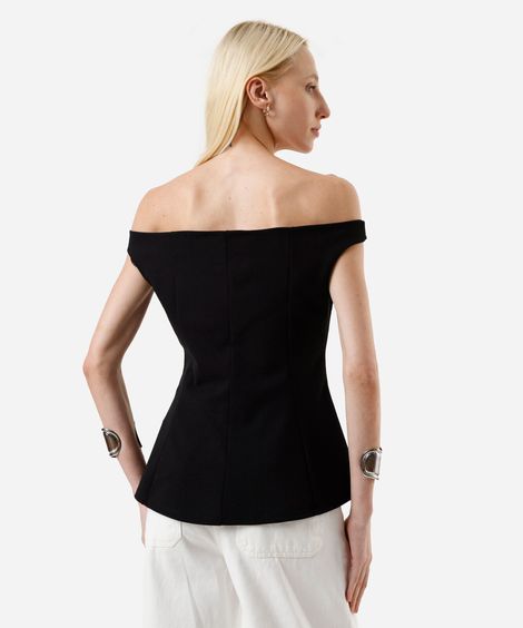 blusa peplum feminina ombro a ombro com recortes preta