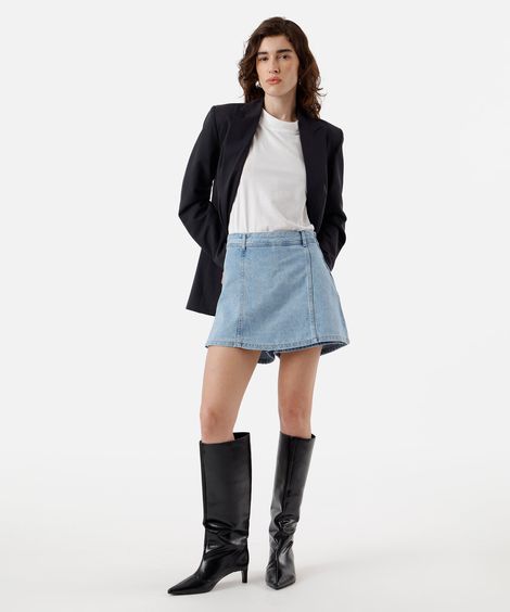 short saia feminino jeans com recortes azul