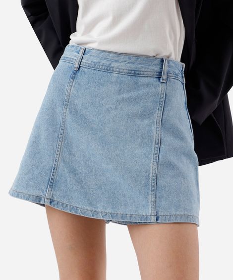 short saia feminino jeans com recortes azul