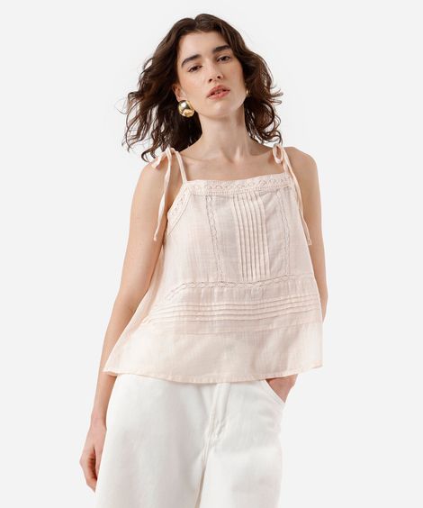 blusa alça fina feminina de algodão com renda e nervuras bege