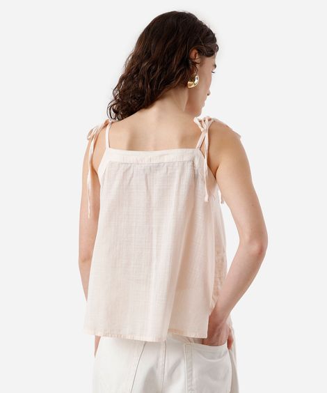 blusa alça fina feminina de algodão com renda e nervuras bege