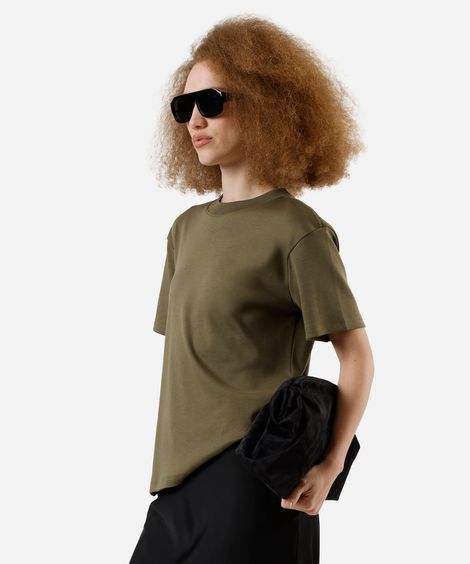 camiseta básica feminina de algodão peruano oversized com fendas verde