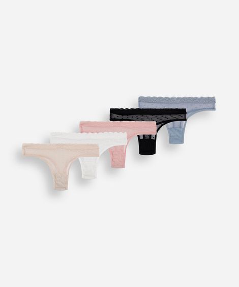 kit de 5 calcinhas fio dental feminino com renda e tule poá colorido