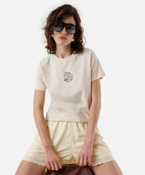 camiseta feminina de algodão estampada bege