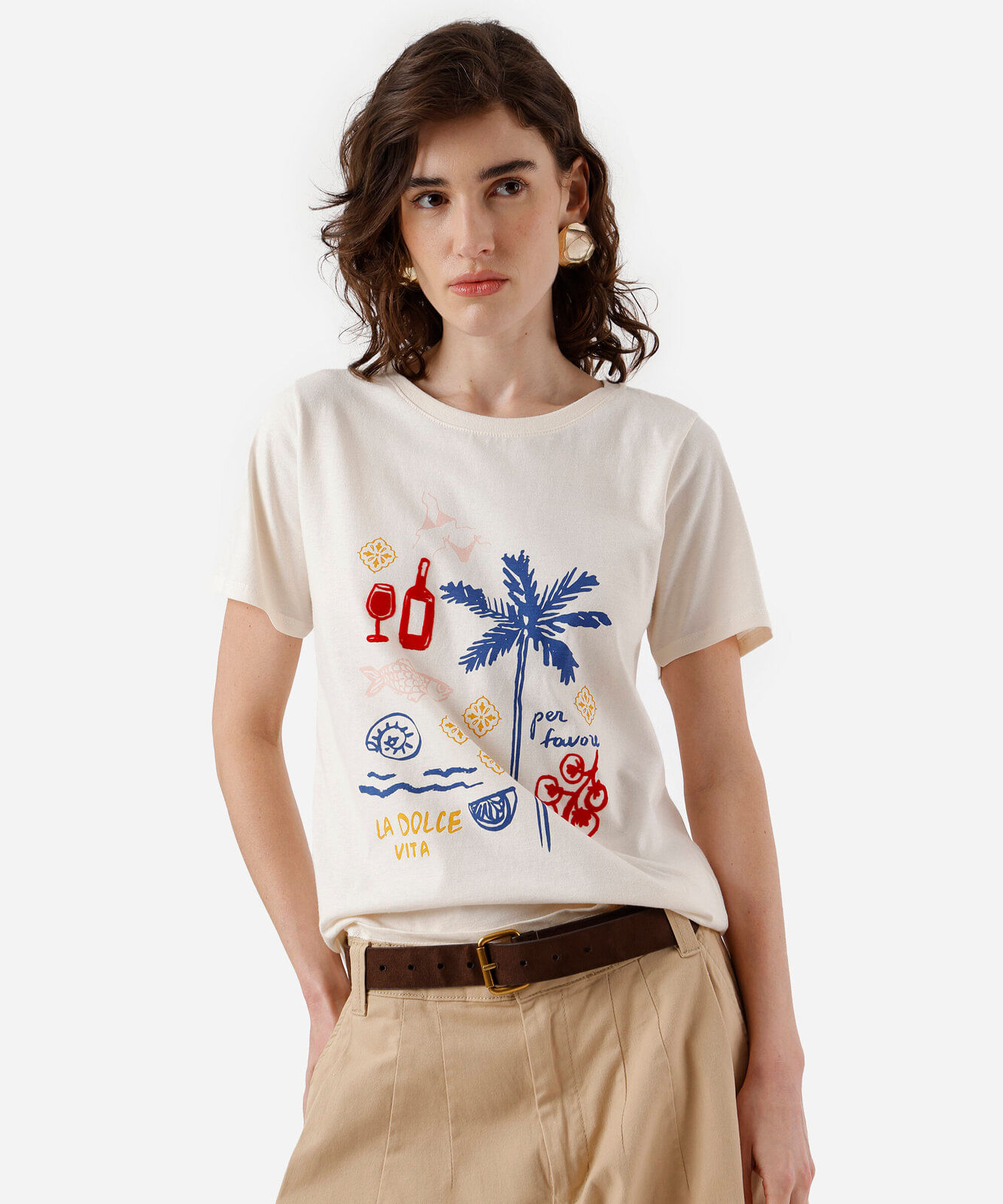 camiseta feminina de algodão estampada bege
