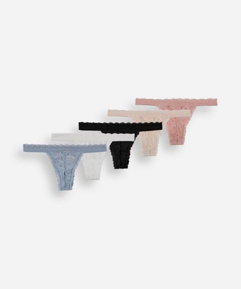 kit de 5 calcinhas fio dental string feminino com renda floral colorido