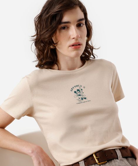 camiseta feminina de algodão mickey bege