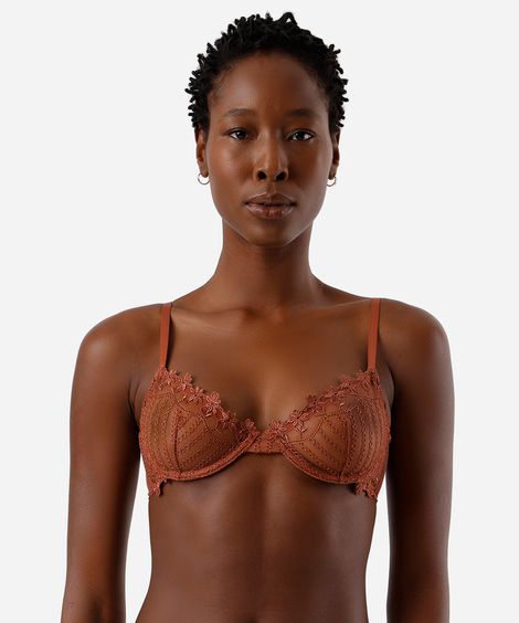 sutiã meia taça feminino de renda sem bojo floral marrom