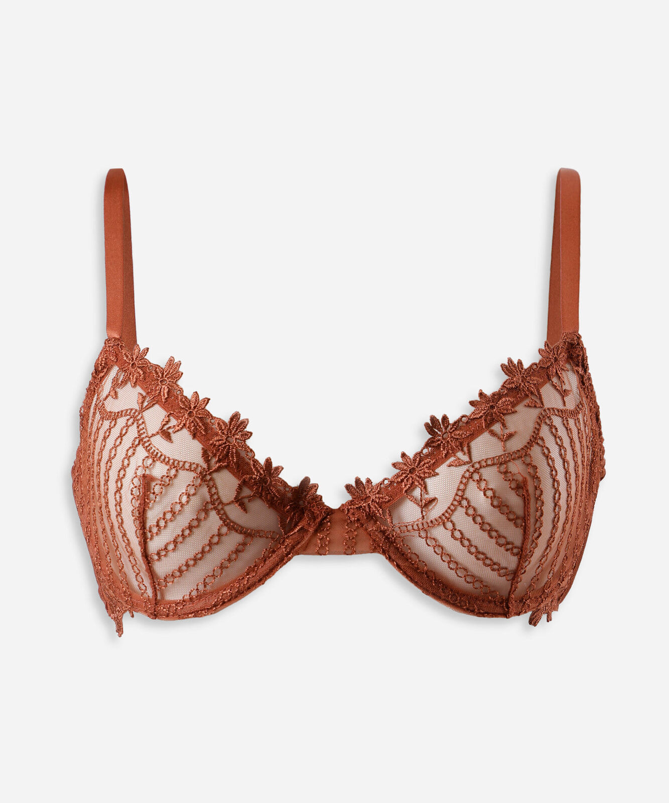 sutiã meia taça feminino de renda sem bojo floral marrom