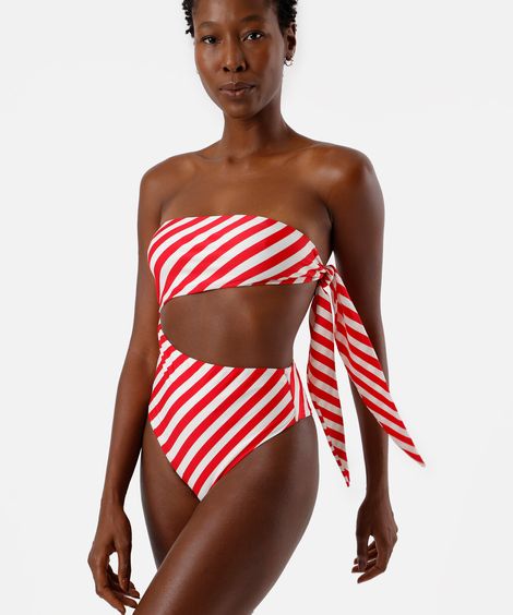 maiô feminino sem alças com amarração listras diagonais  vermelho