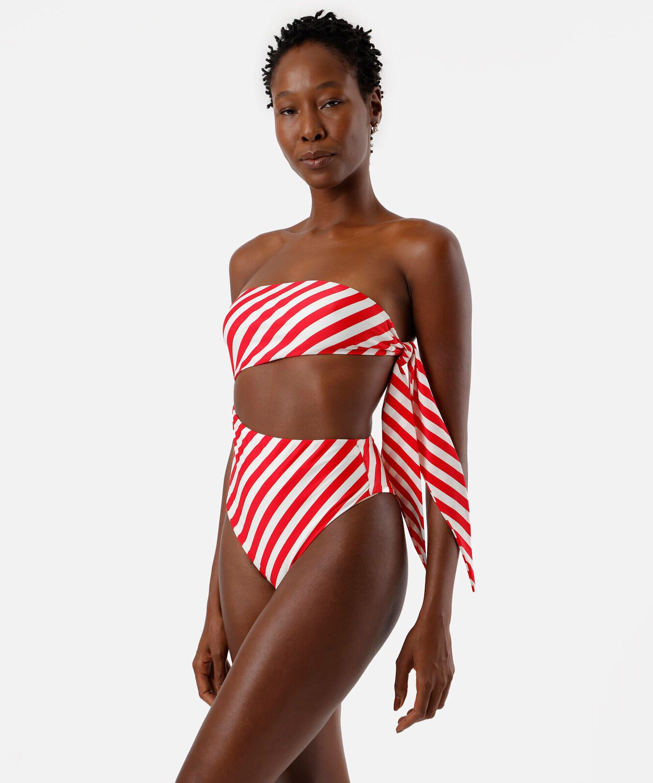 maiô feminino sem alças com amarração listras diagonais  vermelho