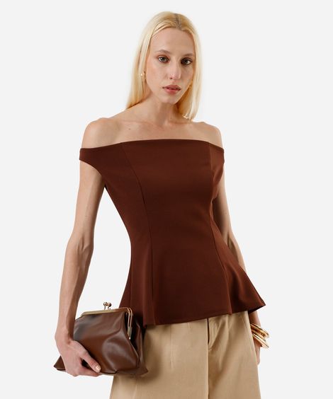 blusa peplum feminina ombro a ombro com recortes marrom