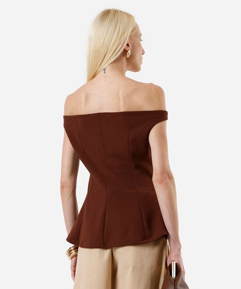 blusa peplum feminina ombro a ombro com recortes marrom