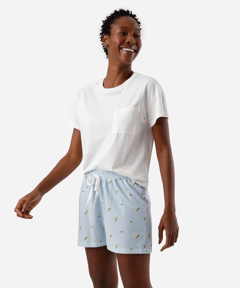 pijama short doll feminino de algodão listra limão siciliano azul