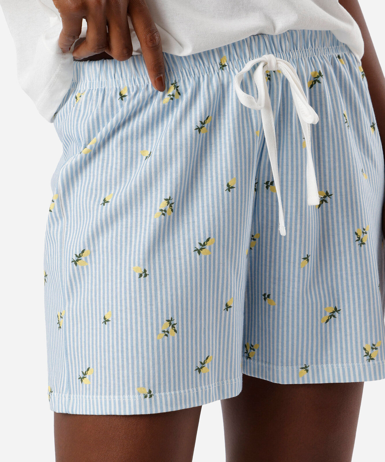 pijama short doll feminino de algodão listra limão siciliano azul