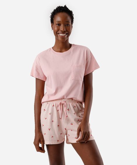pijama short doll feminino de algodão listra cereja rosa