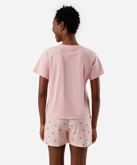 pijama short doll feminino de algodão listra cereja rosa