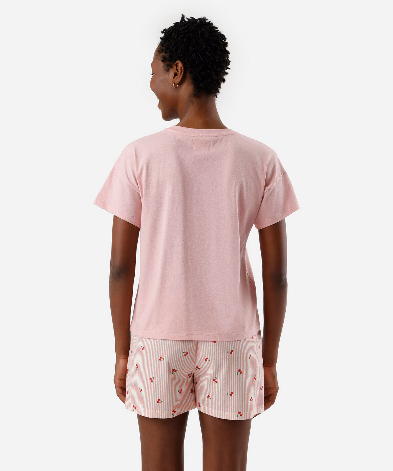 pijama short doll feminino de algodão listra cereja rosa