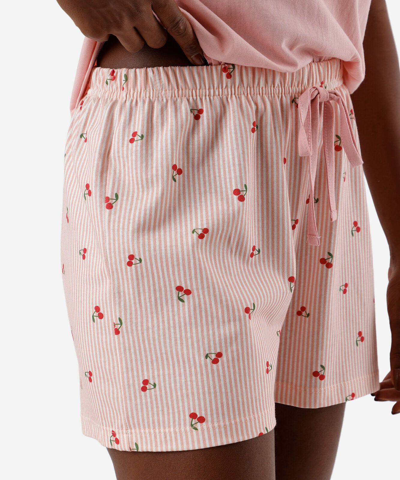 pijama short doll feminino de algodão listra cereja rosa